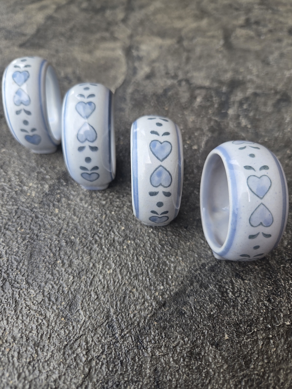 Vintage Kemp & Beatley French Country Blue Heart Ceramic Napkin Rings - Set of 4